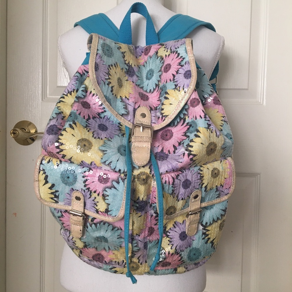 Justice Backpack Sequin Sparkly Daisy Floral Bag